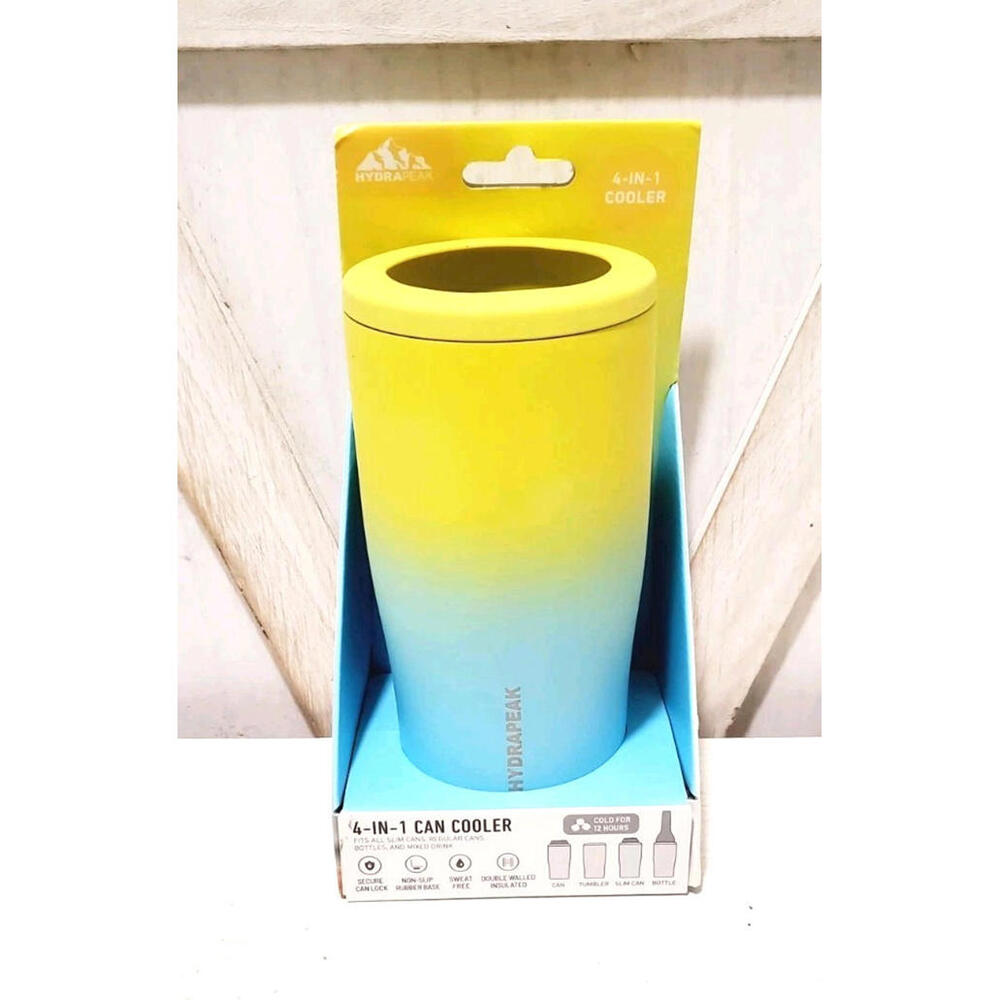 HydraPeak 12oz Slim Can Cooler Blue Yellow Ombré Sweat Free Double Walled